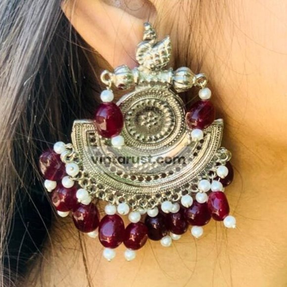 Oxidized Big Earrings With Beads, Handmade Unique Style Earrings, Indian Oxidize - Picture 6 of 7